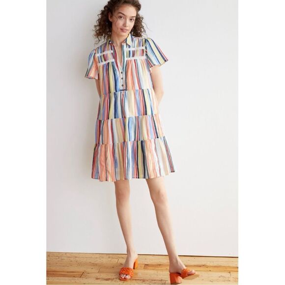 Anthropologie Georgina Rainbow Pinktucked Tiered Lace Button Shirtdress Small - Picture 1 of 6
